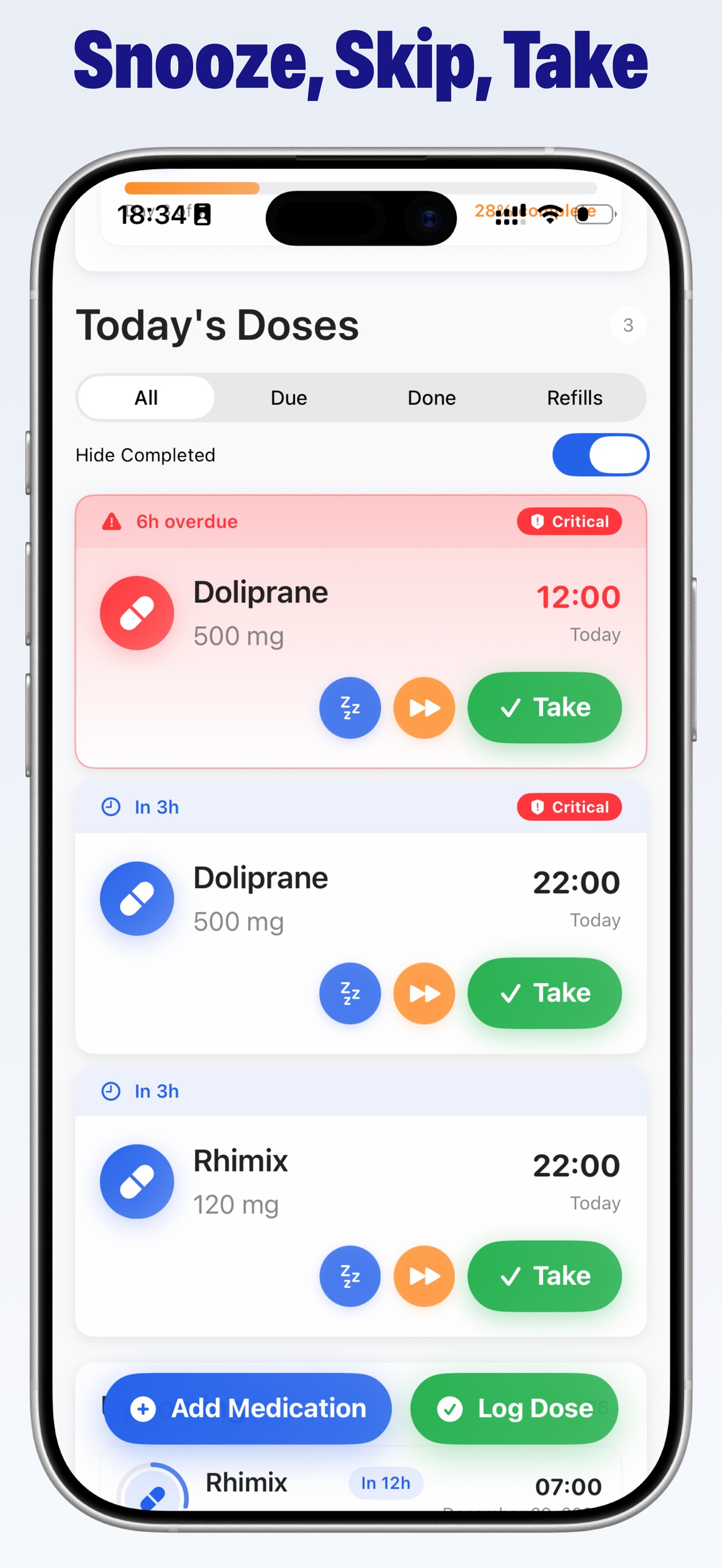 Snooze, skip and take actions on a dose card.