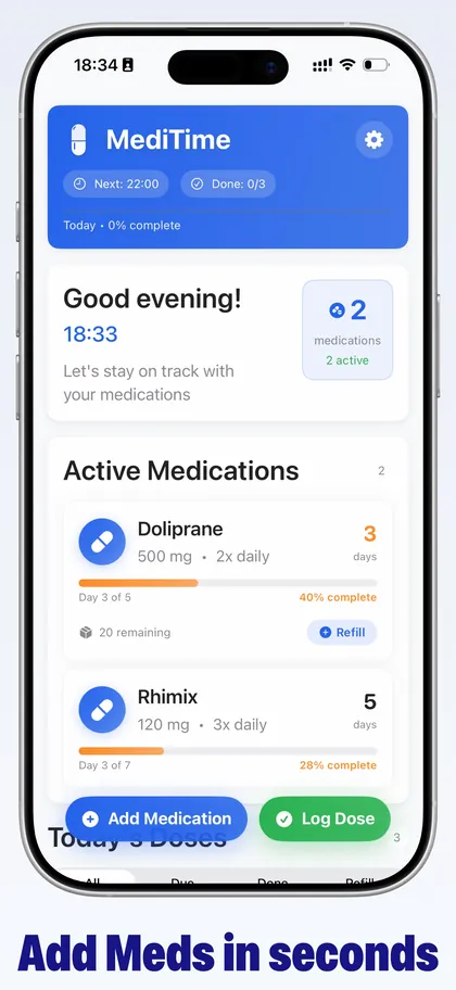 The MediTime dashboard showing the next dose and progress for today.