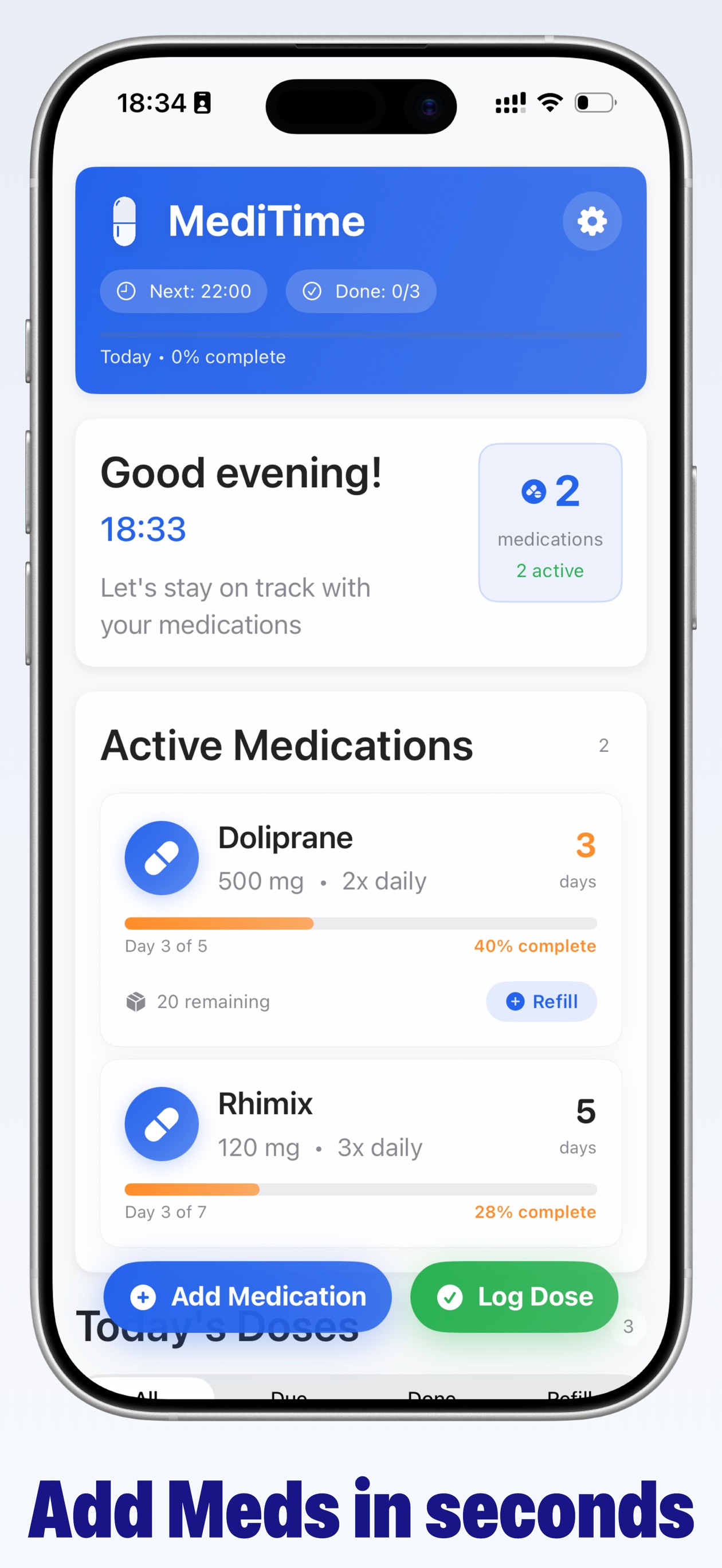 The MediTime dashboard showing the next dose and progress for today.