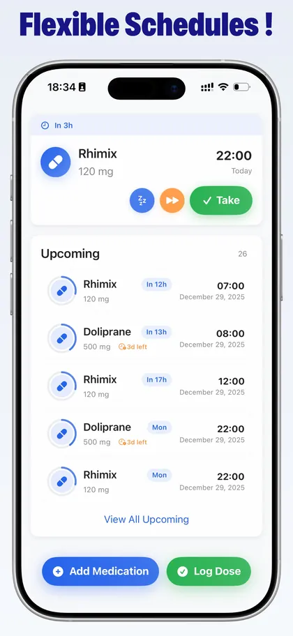 Upcoming doses listed by day and time.