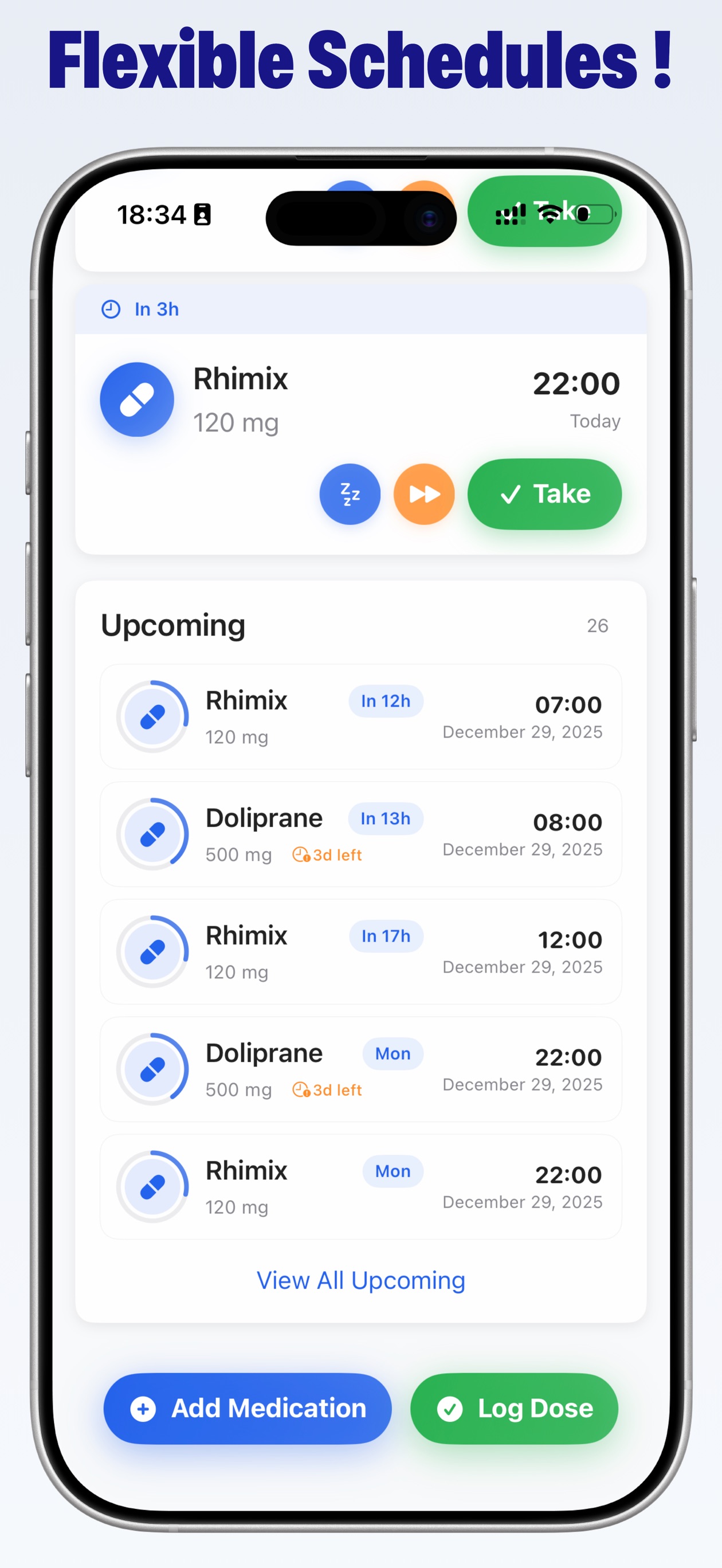 Upcoming doses listed by day and time.