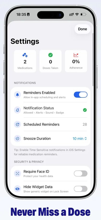 MediTime settings screen.