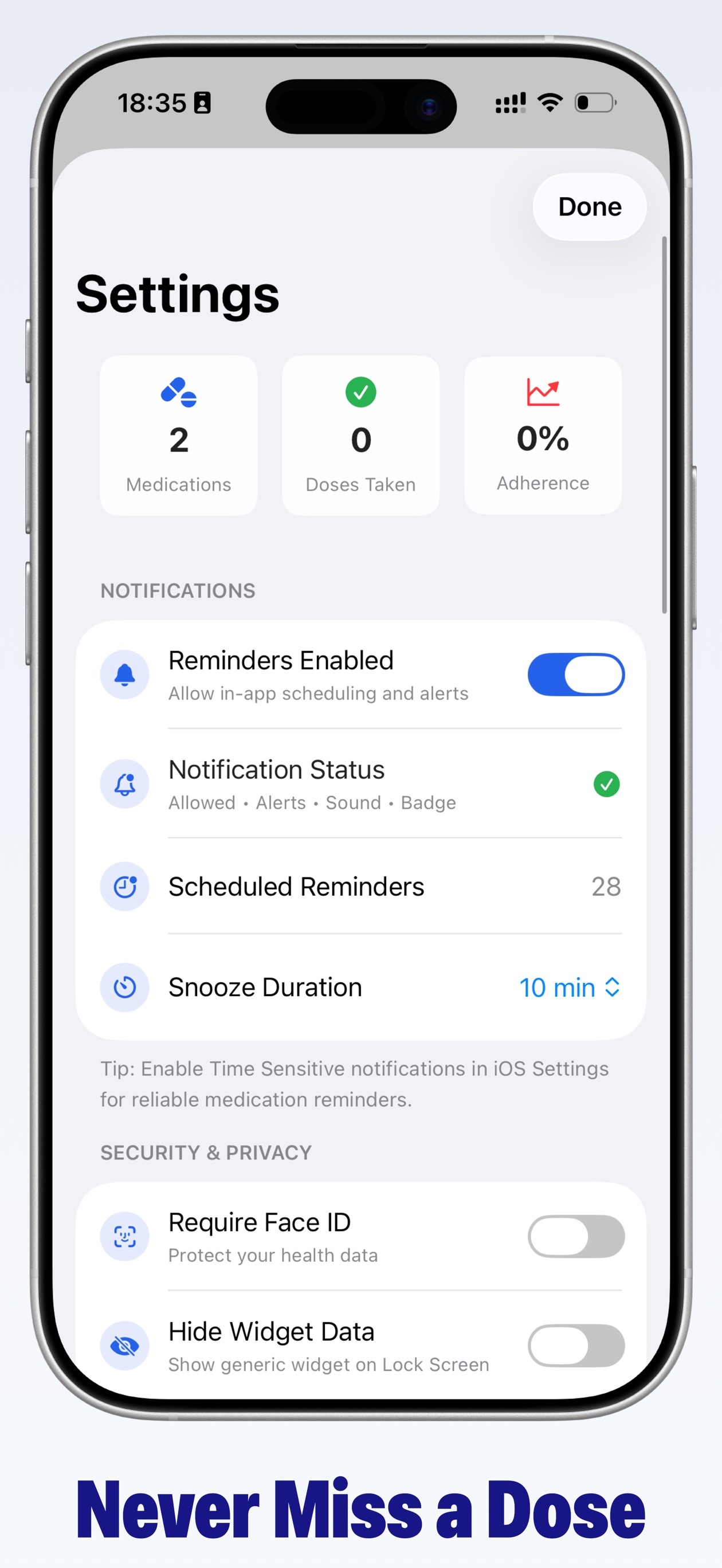 MediTime settings screen.