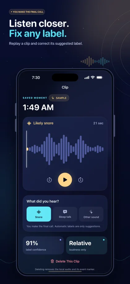 Clip review screen with playback controls and editable sound labels.