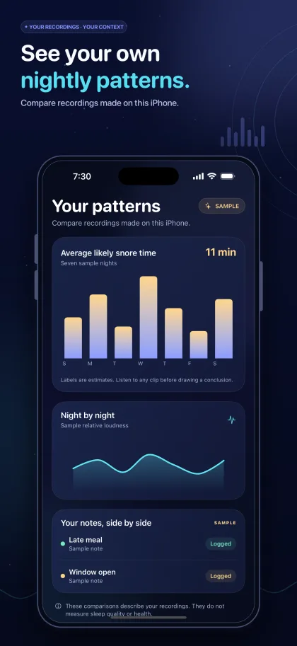 Sample pattern view comparing likely snore time and relative loudness across nights.