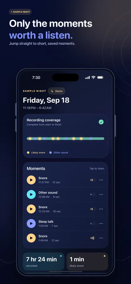 A sample-night timeline of short saved sound moments.